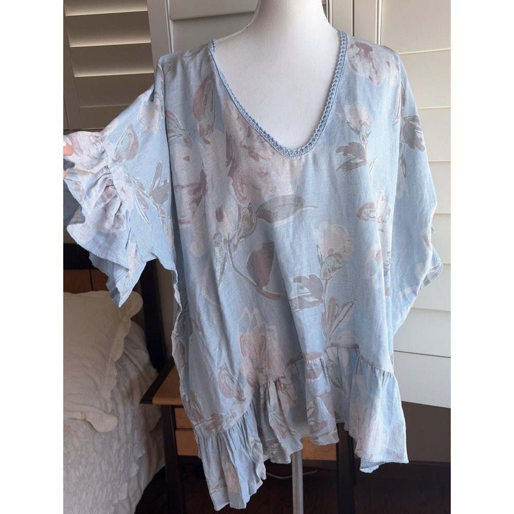 Made in Italy 100% Linen Floral Tunic Top 4X Blue Boho Ruffle Plus Women Read - Picture 2 of 9